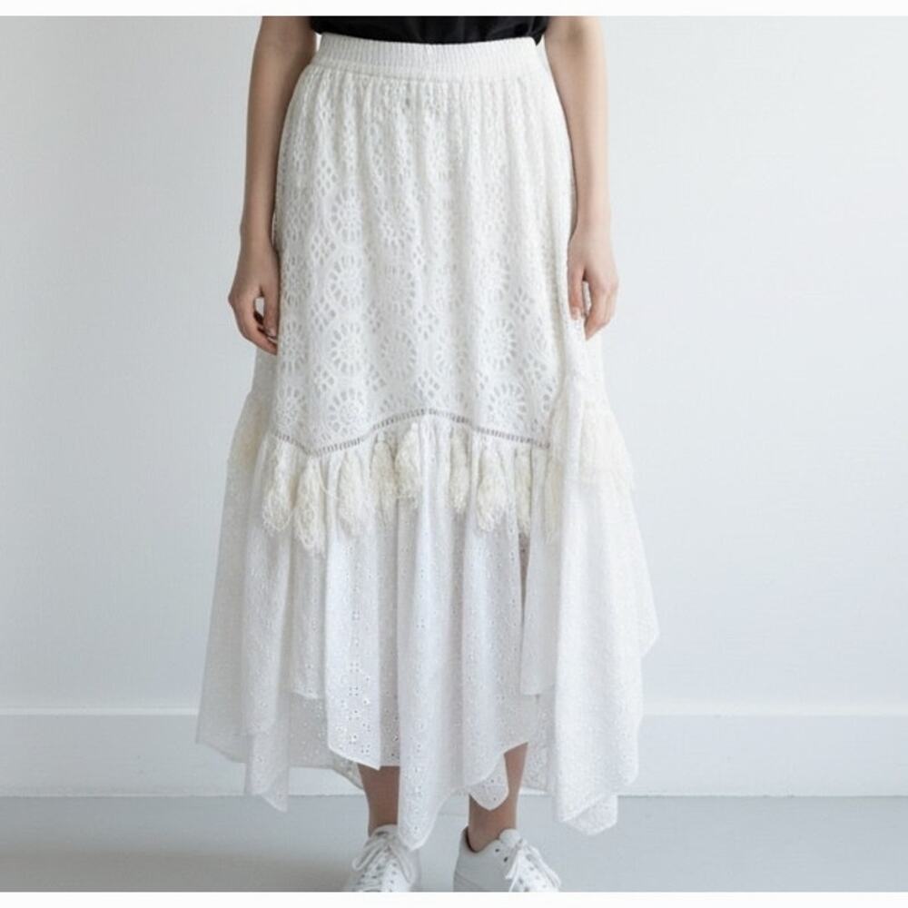 MISA Los Angeles Maxi Skirt XS White Cotton Eyelet Tassel Boho Tiered
